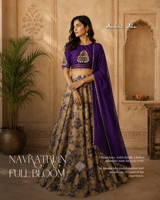 Navratri in Full Bloom — Anokhi Ada. Purple mirror-work blouse with a floral-print lehenga and purple dupatta. Vibrant hues, artful details, a festive silhouette made for every twirl.