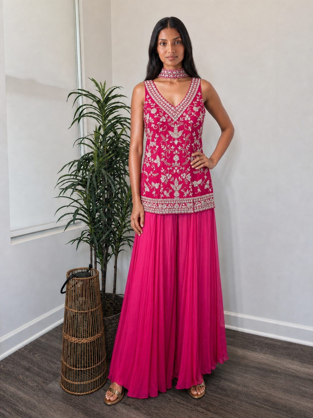Rani pink sequin-embroidered short kurta with ombré wide-leg pants, full view