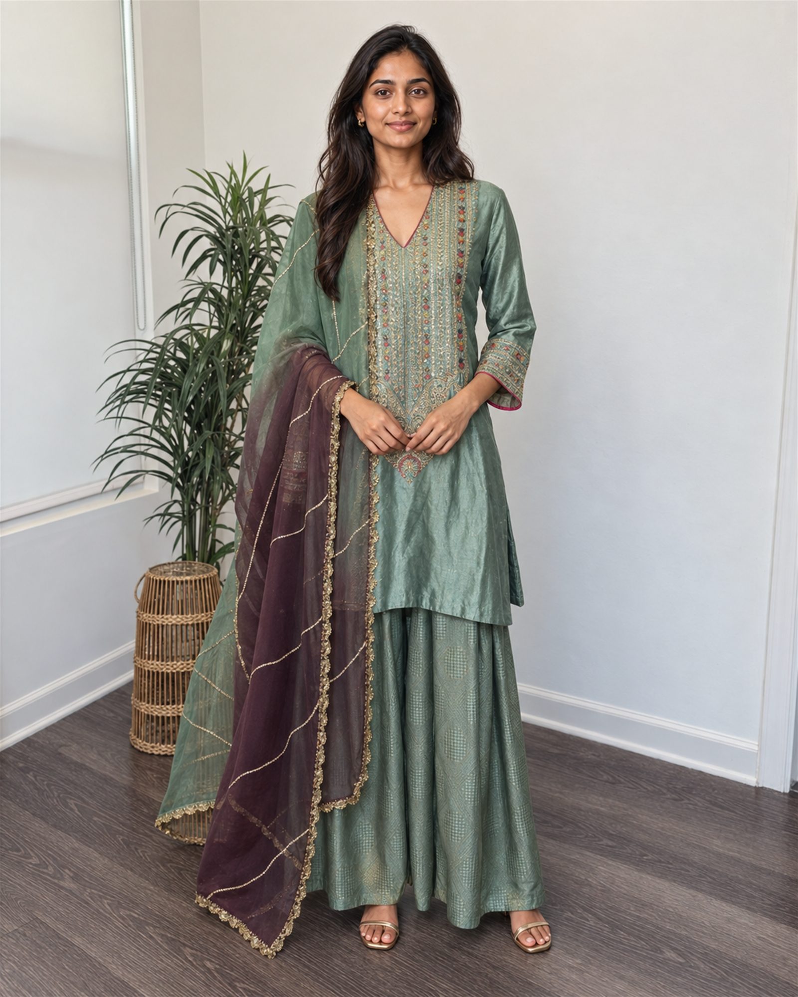 Model wearing the sage green short kurta with farsi salwar and plum ombré dupatta, full view