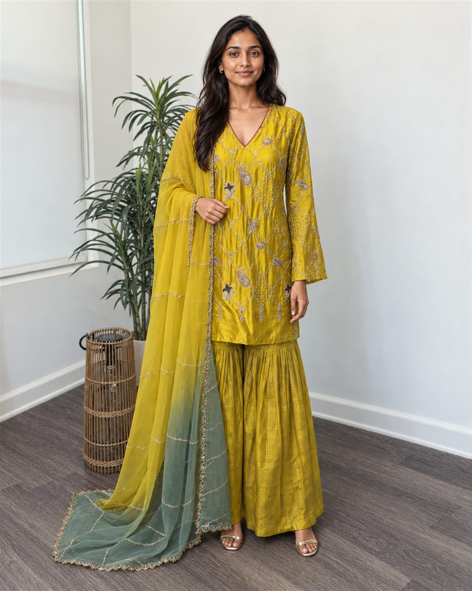 Model wearing the yellow silk short kurta with brocade sharara and ombré-dyed organza dupatta, full view